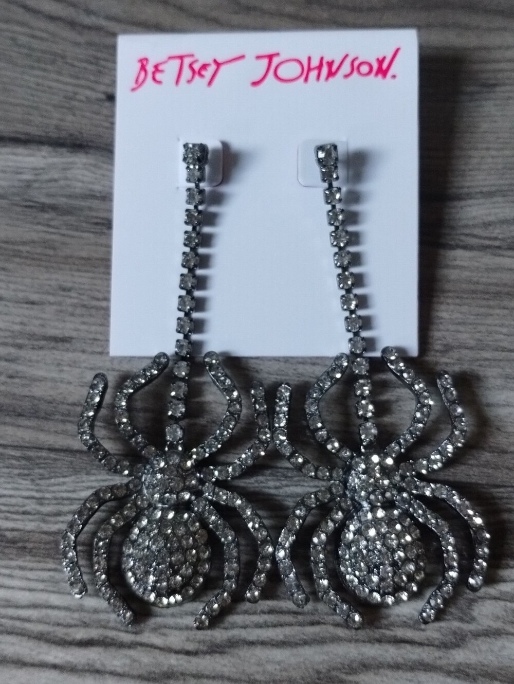 Betsey Johnson Silver Crystal Spider Drop Earrings with Dangle Chains